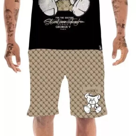 Avenue George V Paris Short Set Men's Black 2 piece set Teddy Bear Rhinestone L - Picture 3 of 10